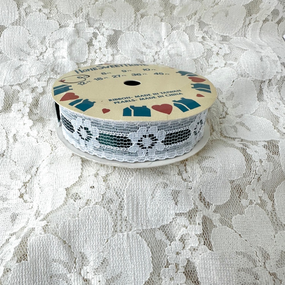 Vintage 90s Home Sweet Home White Lace Green Satin Ribbon Trim 6 Ft NOS